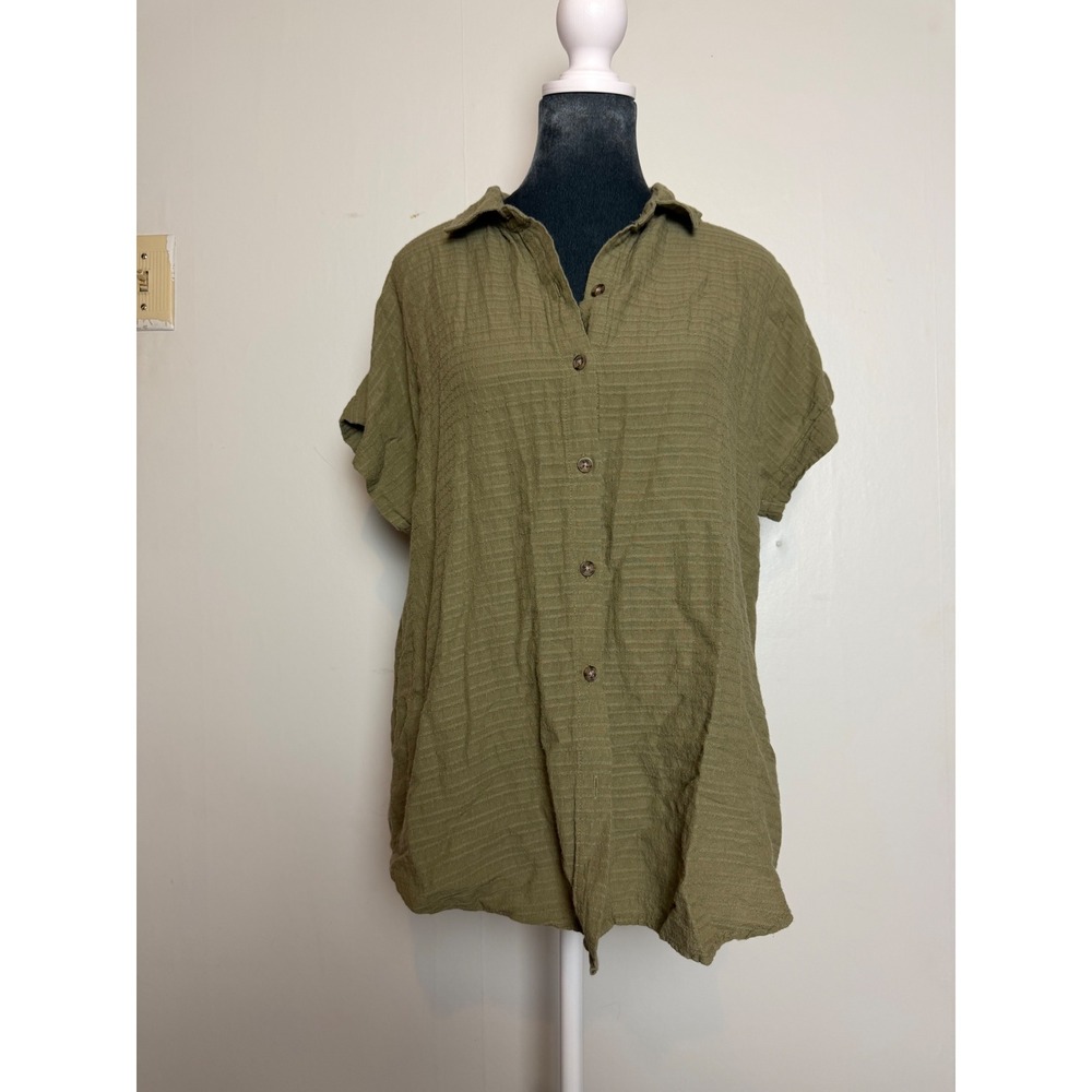Marine Layer Olive Green Textured Double Gauze Short Sleeve Button camp Shirt M